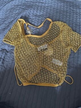 House of Sunny Mustard Crochet Tie-Back Mesh Top